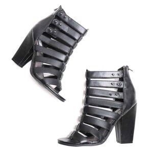 STEVE MADDEN Petra Caged Black Sandals Block Heel Open Toe Gladiator Women's